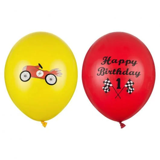 Latex ballon 5 stuks "Race Happy Birthday" - rood - geel