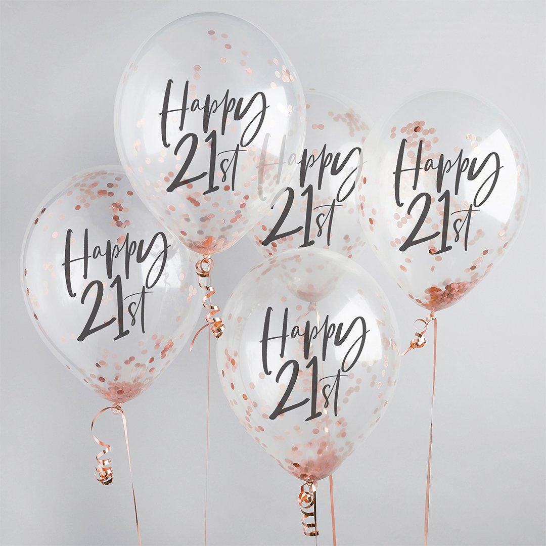 Confetti ballon 5 stuks "Happy 21th" - rosé