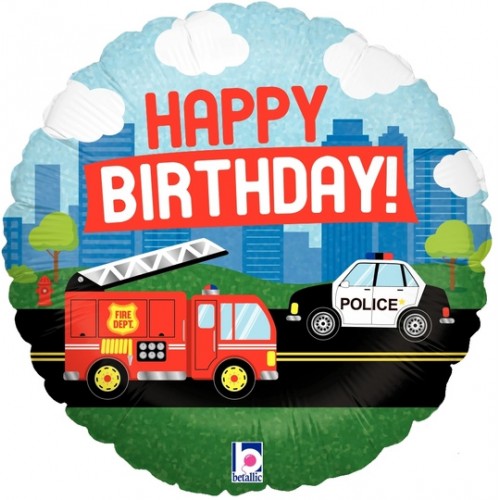 Folieballon "Happy birthday" brandweer & politie