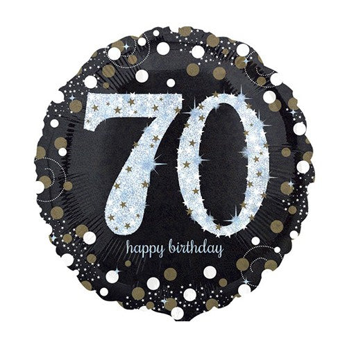 Folieballon "70 Happy Birthday" - zwart-goud-zilver