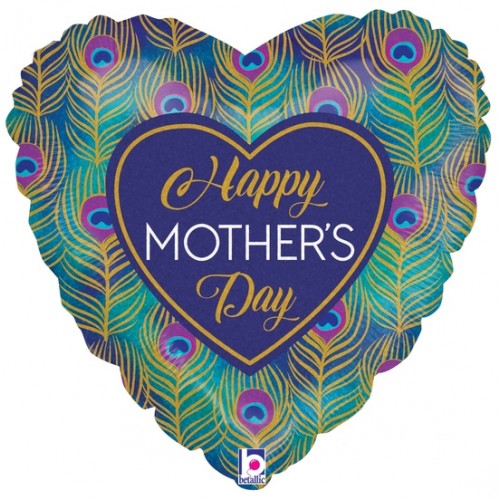 Folieballon "Happy Mother's Day" hartvorm - pauwenveren