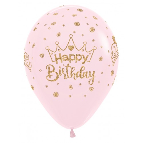 Latex ballon 5 stuks "Happy Birthday" kroon - roze