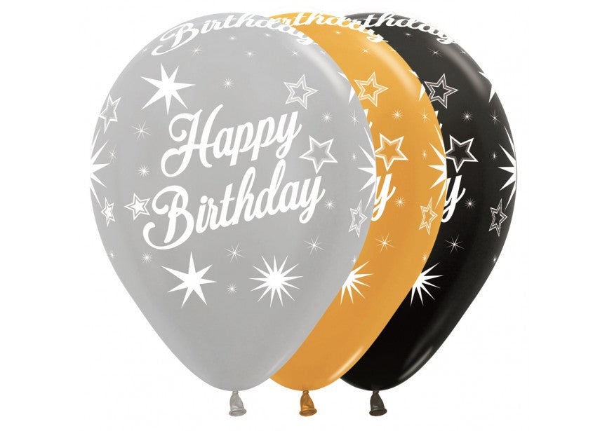 Latex ballon 5 stuks "Happy Birthday" - zwart-grijs